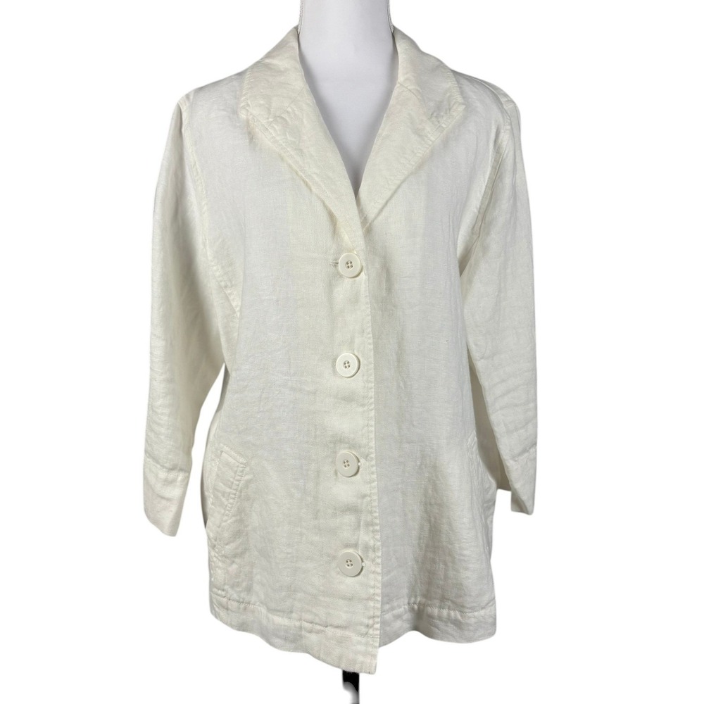 Eileen Fisher 100% Linen Jacket Womens M White Button Up Minimalist Lagenlook